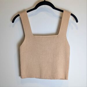 Y2K Tan Ribbed Knit Sleeveless Cropped Square Neck Shirt Size Medium